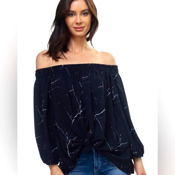 Women’s Marble Print off the shoulder Tie Front Detail Top Shirt Blouse Size M. - Picture 1 of 1